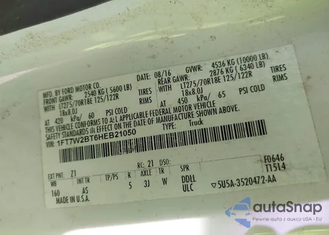 2017 Ford F-250 Xl z USA, uszkodzony, nr VIN 1FT7W2BT6HEB21050